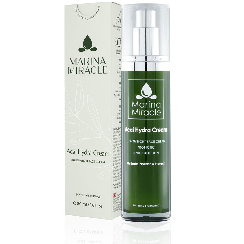 Acai Hydra Cream is an organic facial moisturizing cream with probiotics that helps the skin barrier.