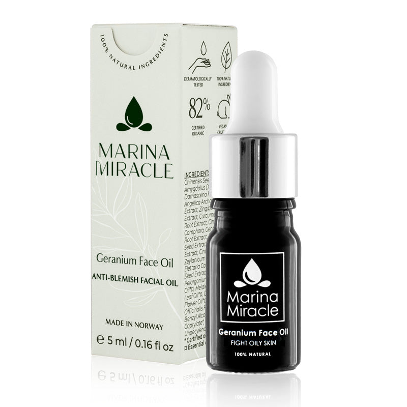 Geranium Face Oil on a small 5 ml bottle. A balancing face oil for oily skin.