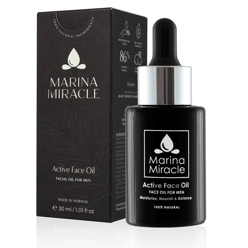 Marina Miracle Active face oil for men. An all natural face oil produced in Norway. 
