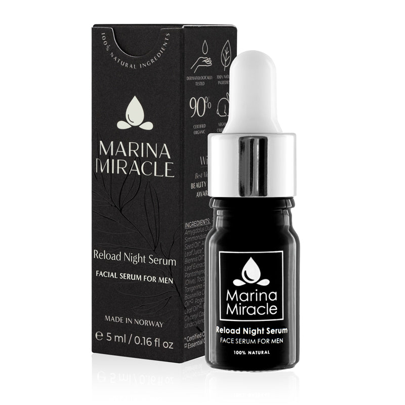 reload night serum for men. Black glass bottle protecting the product from UV light.