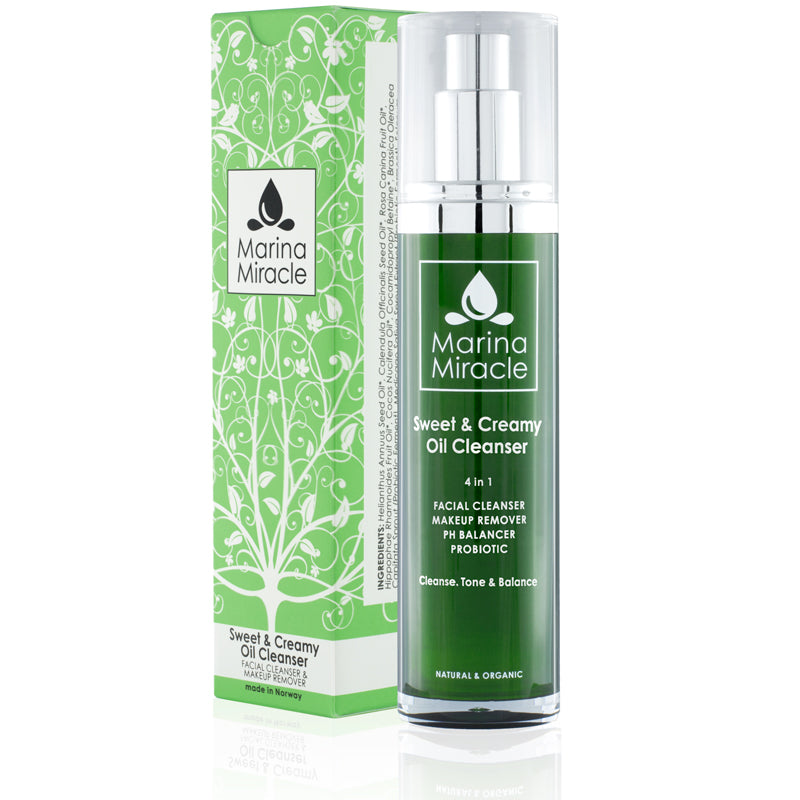 Marina Miracle Sweet & Creamy Oil Cleanser travel size in a green air less bottle with pump